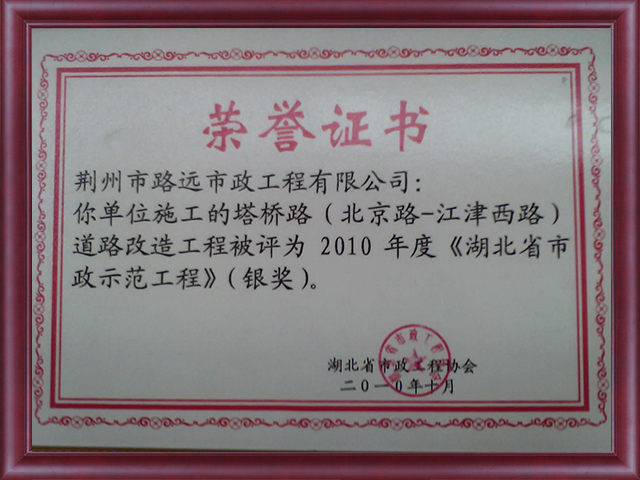 塔桥路（北京路——江津西路）道路改造工程获得2010年湖北省市政示范工程（银奖）