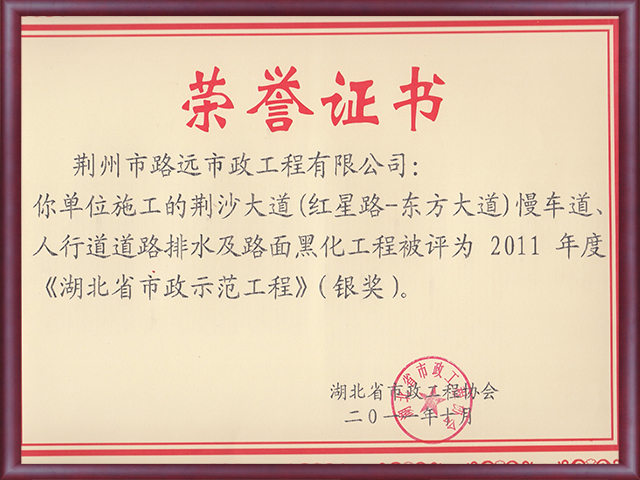 荆沙大道（红星路-东方大道）省示范工程银奖2011.10